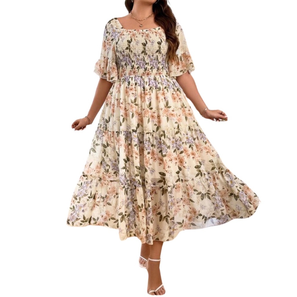 SHEIN Floral Elegance Midi Dress in Cream and Pink